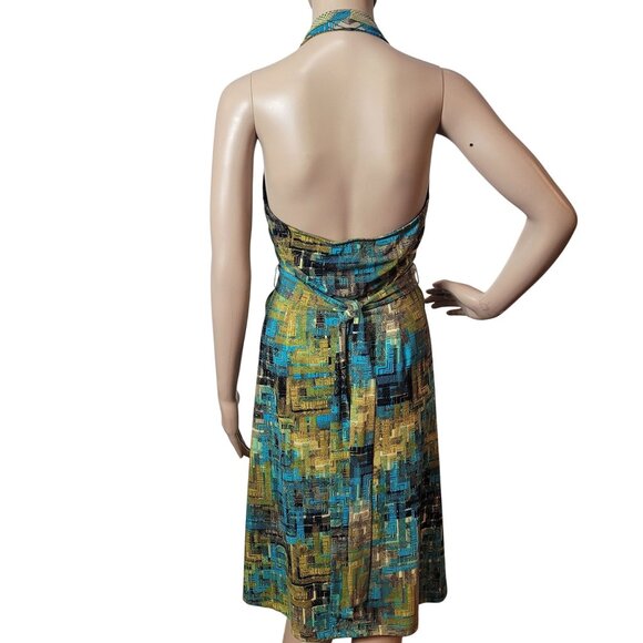 BCBGMAXAZRIA Teal Multicolor Abstract Patterned Halter Dress Size Sm V-neck Wrap - Picture 2 of 12